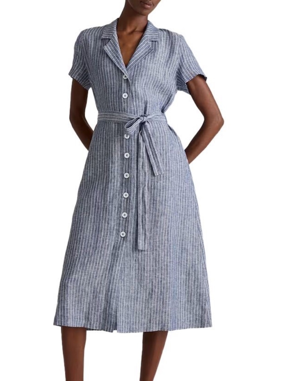 Quince Blue Chambray Pinstripe 100% European Linen Button Front Dress Size M